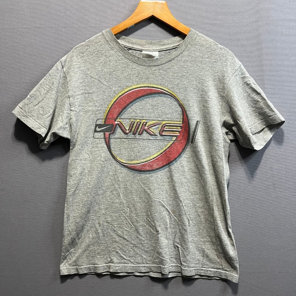 Vintage Nike T Shirt Mens Medium Gray 90s Made USA Thrashed Distressed Graphic
